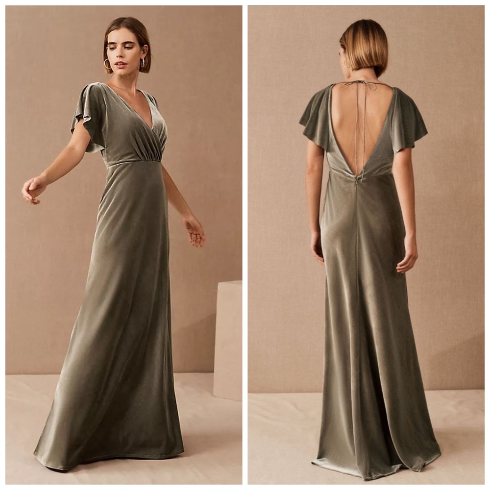 Jenny Yoo Ellis Flutter Sleeve Open Back Stretch Velvet Gown Green Size 10‎